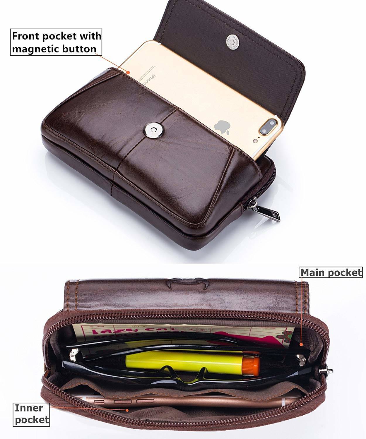 Cell Phone Pouch Leather Belt Clip Carrying Case Pouch Crossbody Bag Coffee