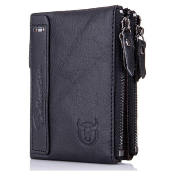 Men's Genuine Leather Wallet Vintage Bifold with Double Zipper Pockets