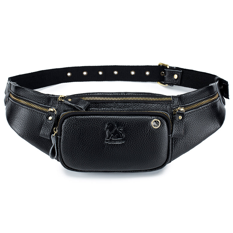 Genuine Leather Fanny Pack Waist Bag Shoulder Hiking Running Bag Black