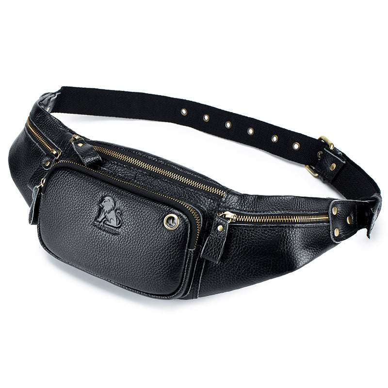 Genuine Leather Fanny Pack Waist Bag Shoulder Hiking Running Bag Black