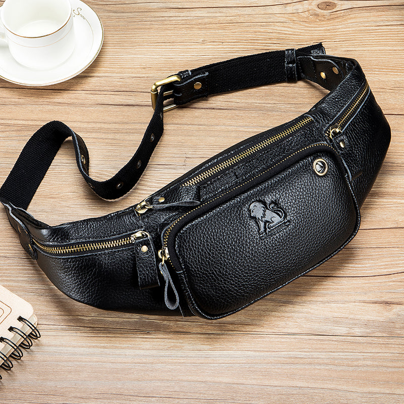 Genuine Leather Fanny Pack Waist Bag Shoulder Hiking Running Bag Black