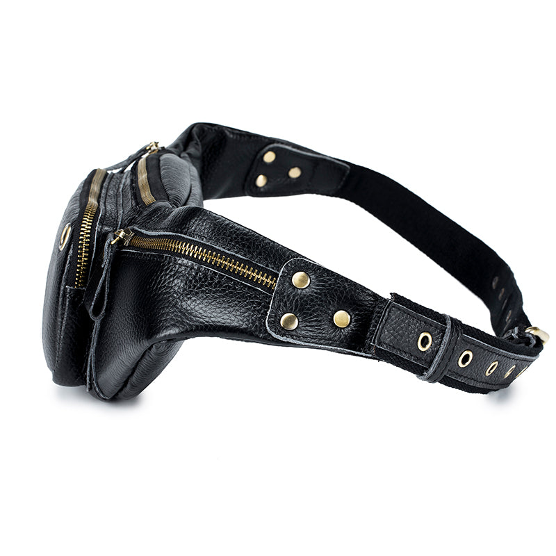 Genuine Leather Fanny Pack Waist Bag Shoulder Hiking Running Bag Black