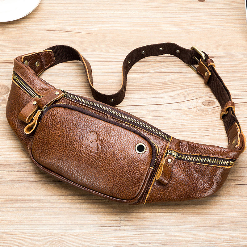 Genuine Leather Fanny Pack Waist Bag Shoulder Hiking Running Bag Brown