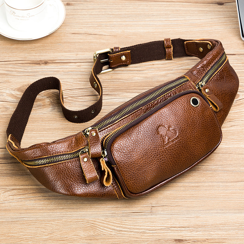 Genuine Leather Fanny Pack Waist Bag Shoulder Hiking Running Bag Brown