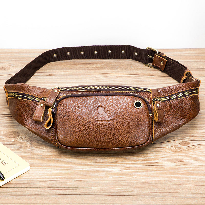 Genuine Leather Fanny Pack Waist Bag Shoulder Hiking Running Bag Brown