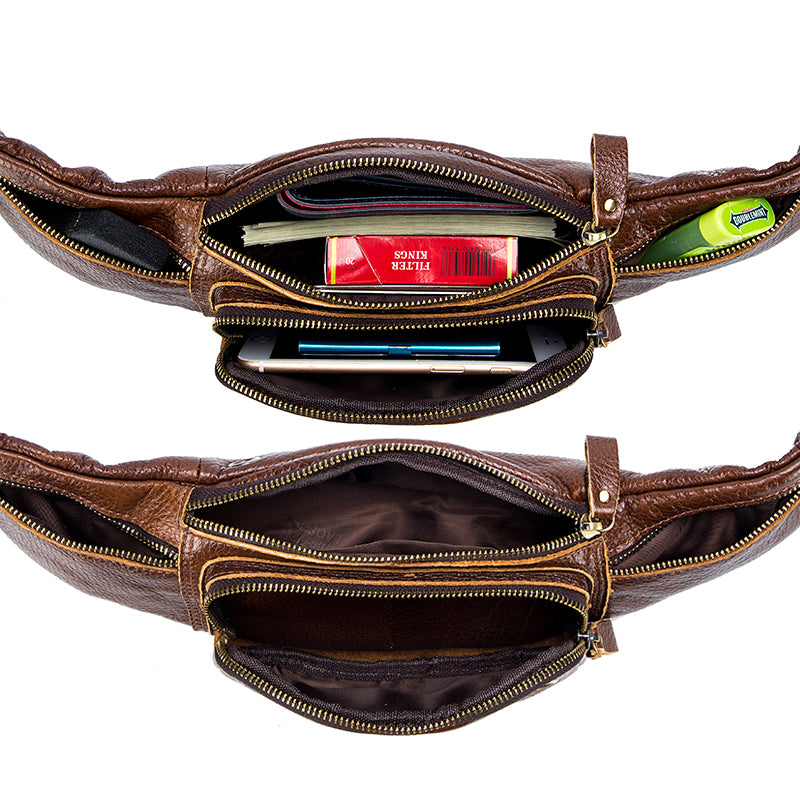Genuine Leather Fanny Pack Waist Bag Shoulder Hiking Running Bag Brown