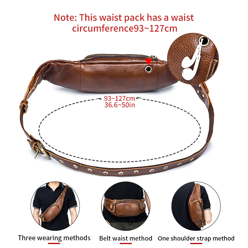 Genuine Leather Fanny Pack Waist Bag Shoulder Hiking Running Bag Brown