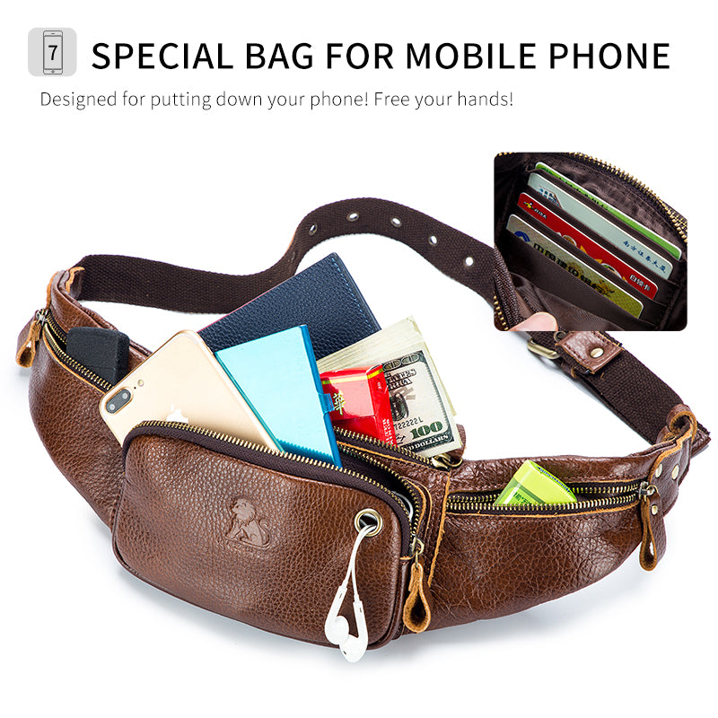 Genuine Leather Fanny Pack Waist Bag Shoulder Hiking Running Bag Brown