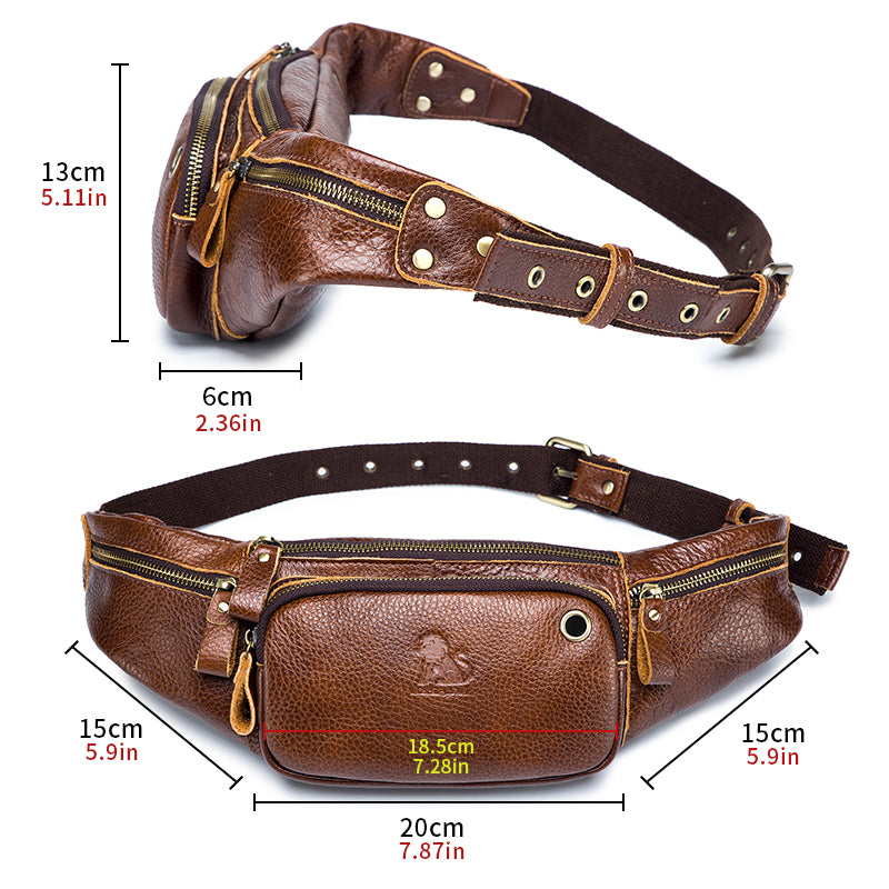 Genuine Leather Fanny Pack Waist Bag Shoulder Hiking Running Bag Brown