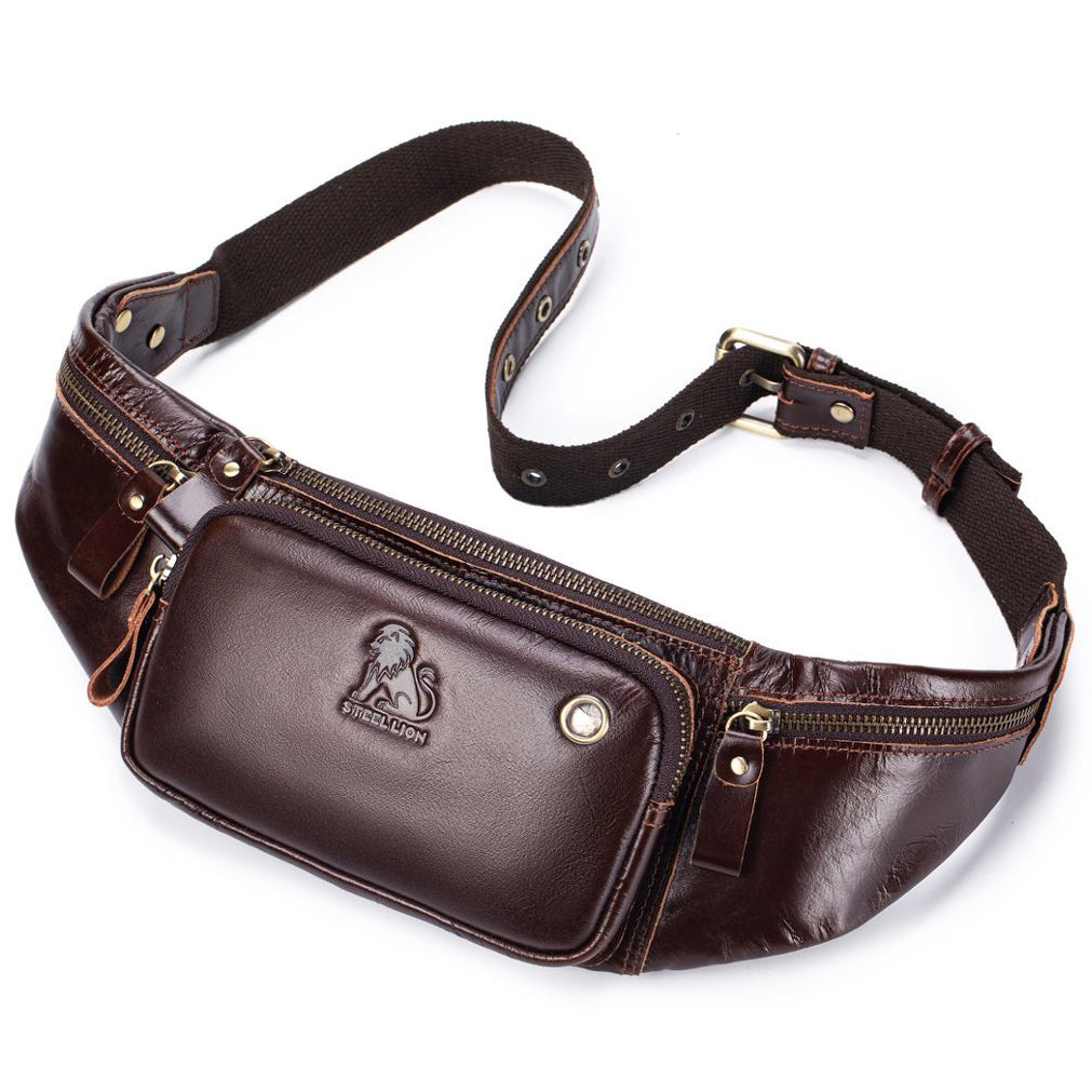 Genuine Leather Fanny Pack Waist Bag Shoulder Hiking Running Bag Coffee
