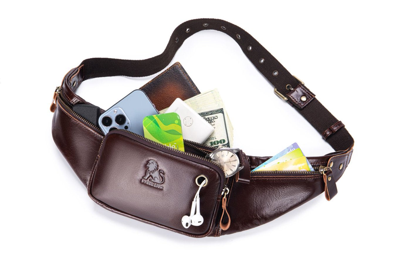 Genuine Leather Fanny Pack Waist Bag Shoulder Hiking Running Bag Coffee