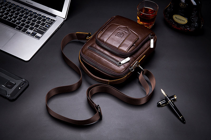 Genuine Leather Ipad Messenger Bag Crossbody Satcel Sturdy Handbag Coffee