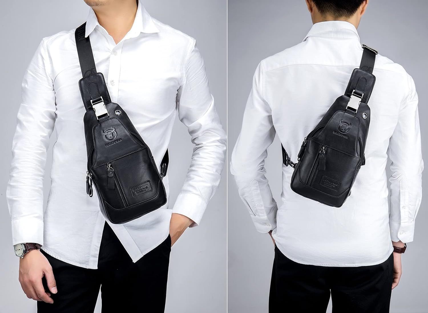 Genuine Leather Men's Sling Shoulder Bags Crossbody Chest Retro Bags Black