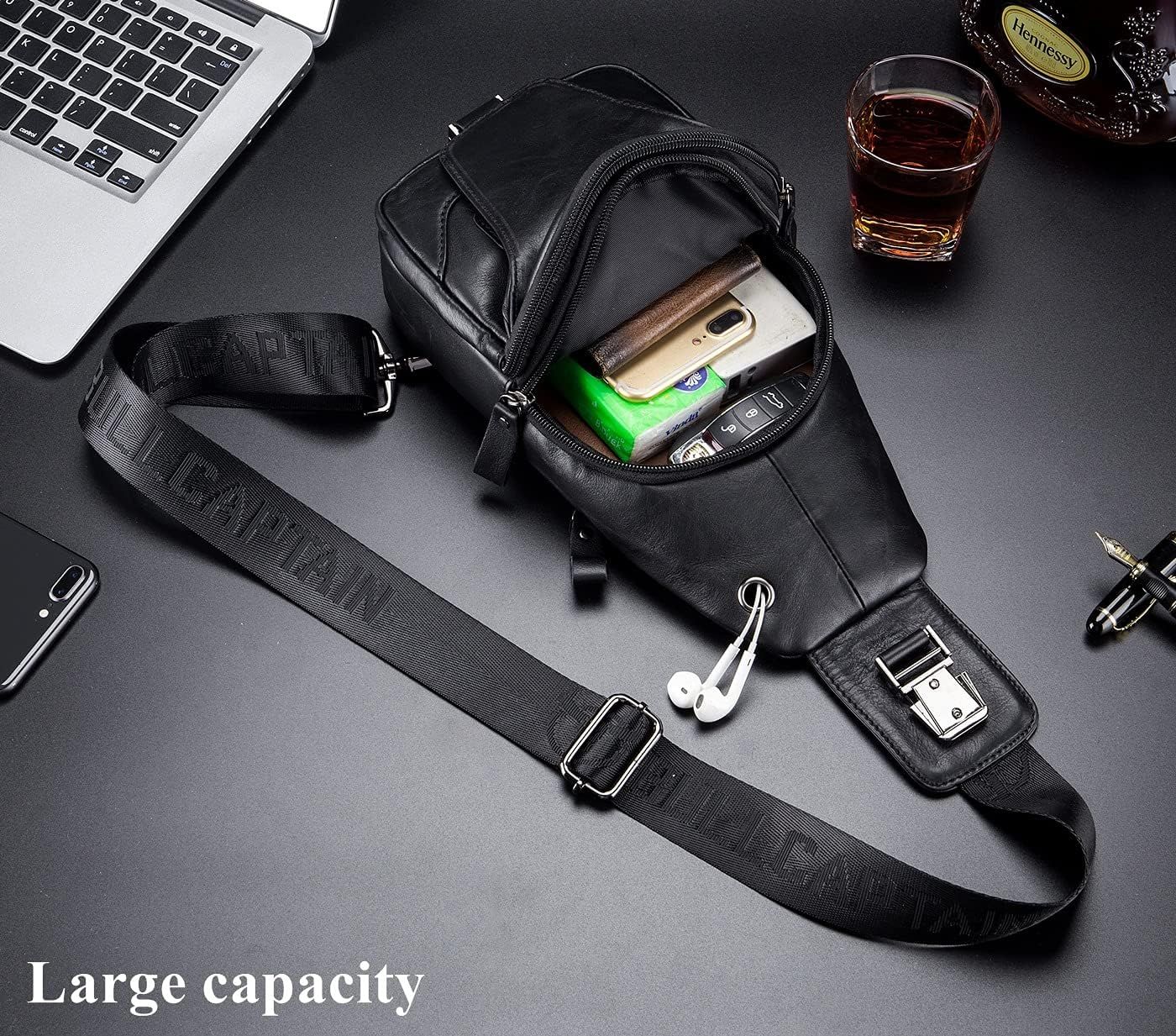 Genuine Leather Men's Sling Shoulder Bags Crossbody Chest Retro Bags Black