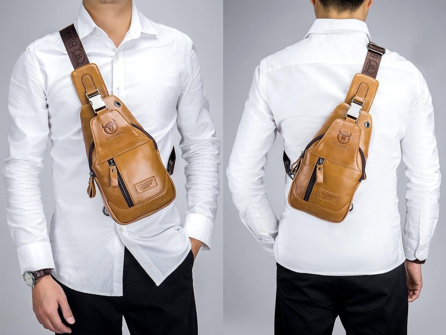 Genuine Leather Men's Sling Shoulder Bags Crossbody Chest Retro Bags Brown
