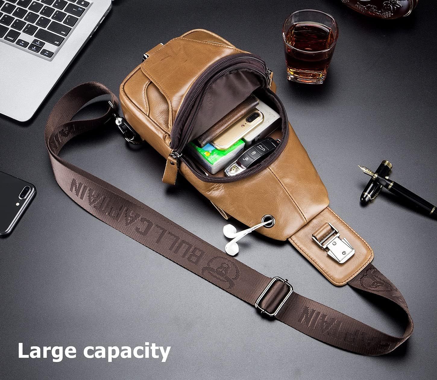 Genuine Leather Men's Sling Shoulder Bags Crossbody Chest Retro Bags Brown