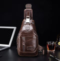Genuine Leather Men's Sling Shoulder Bags Crossbody Chest Retro Bags Coffee