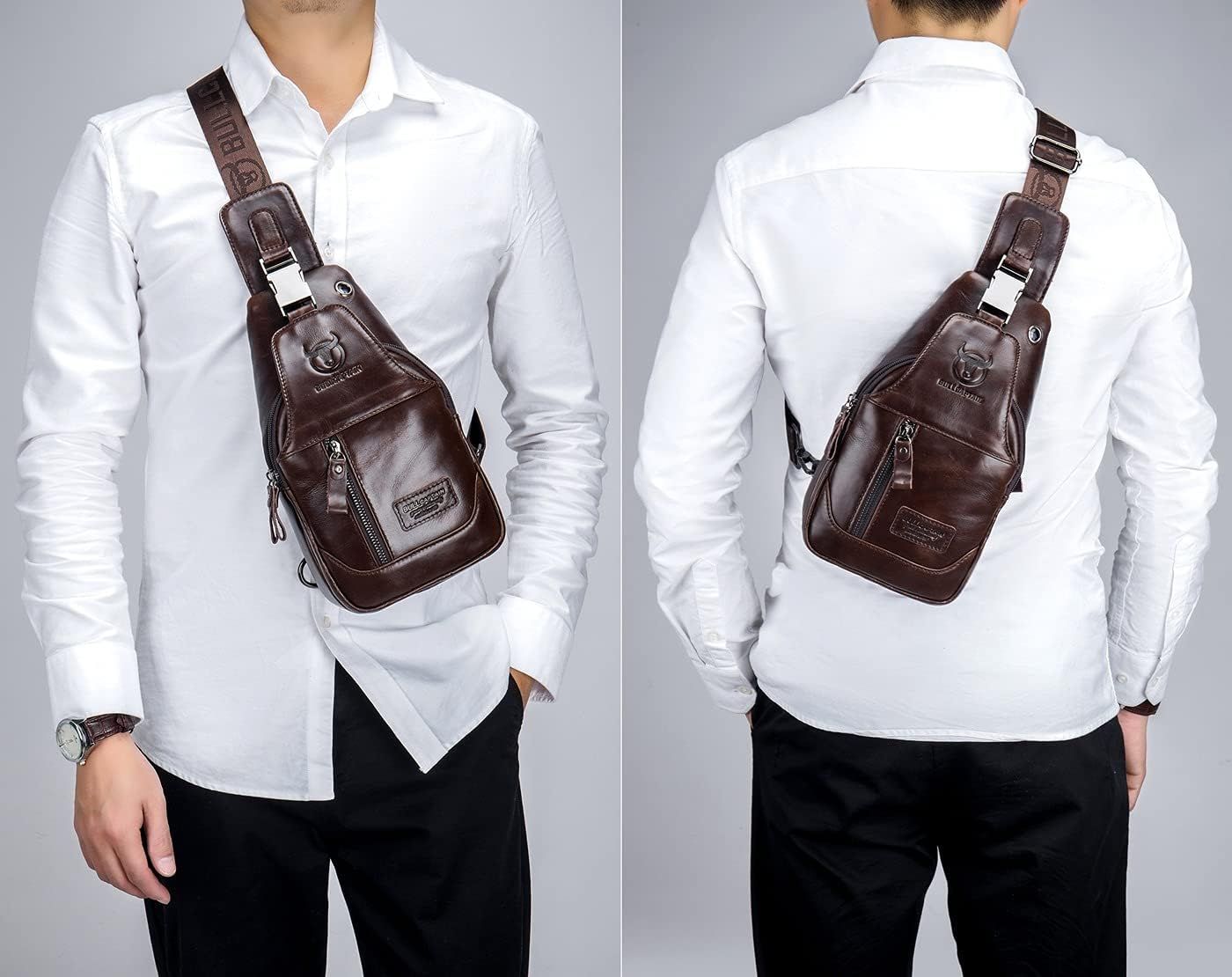 Genuine Leather Men's Sling Shoulder Bags Crossbody Chest Retro Bags Coffee