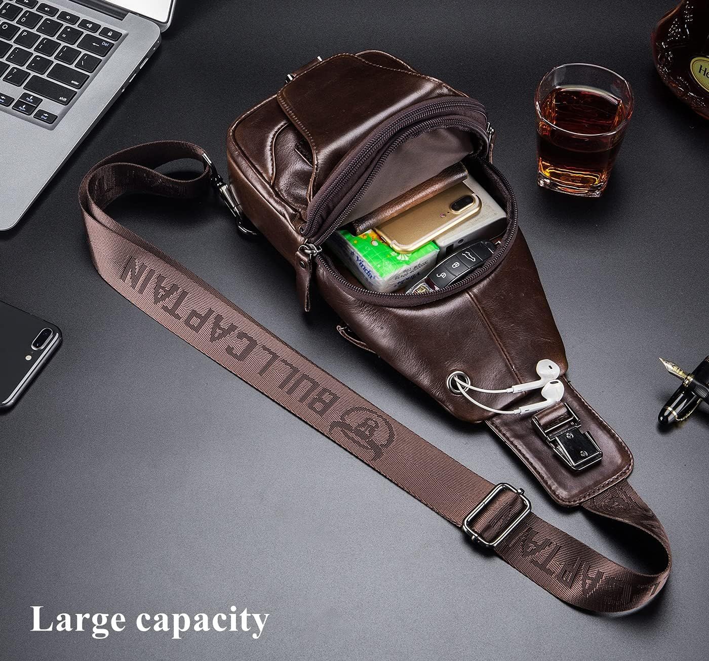 Genuine Leather Men's Sling Shoulder Bags Crossbody Chest Retro Bags Coffee
