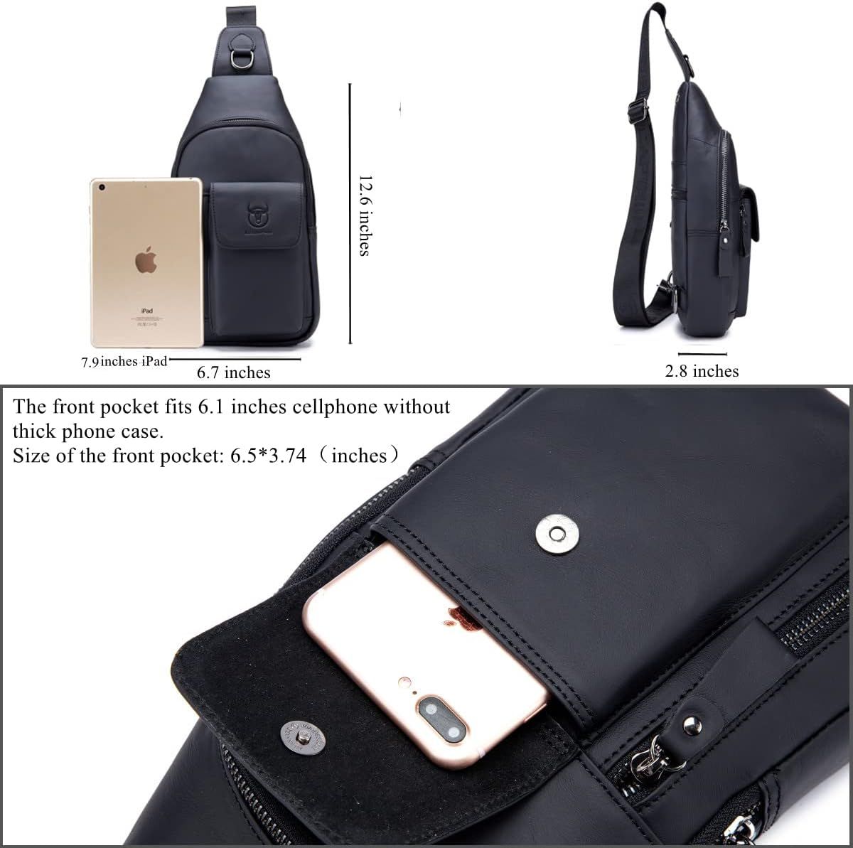 Genuine Leather Sling Bag Multi-pocket Chest Crossbody Daypack Bag Black