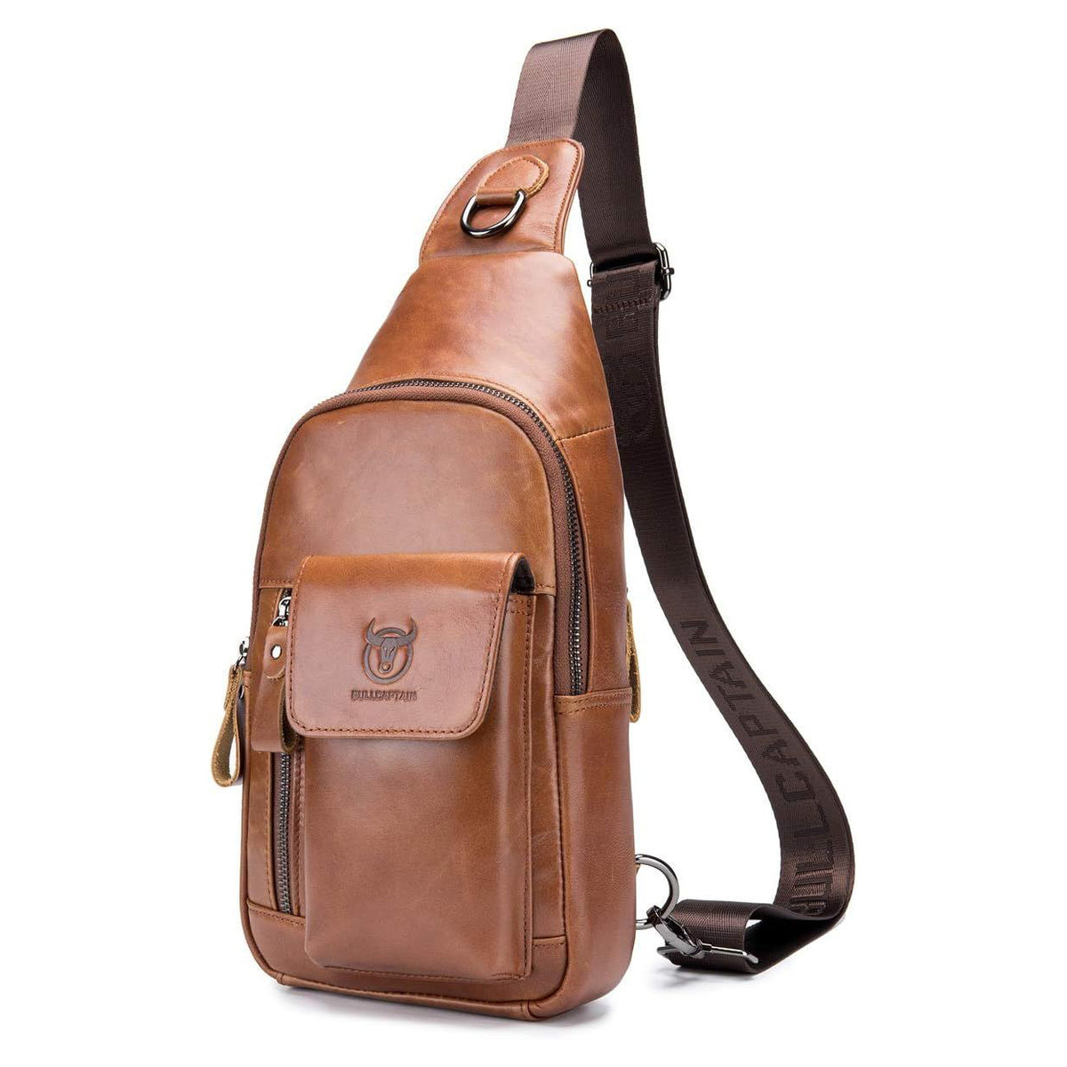 Genuine Leather Sling Bag Multi-pocket Chest Crossbody Daypack Bag Brown