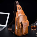 Genuine Leather Sling Bag Multi-pocket Chest Crossbody Daypack Bag Brown