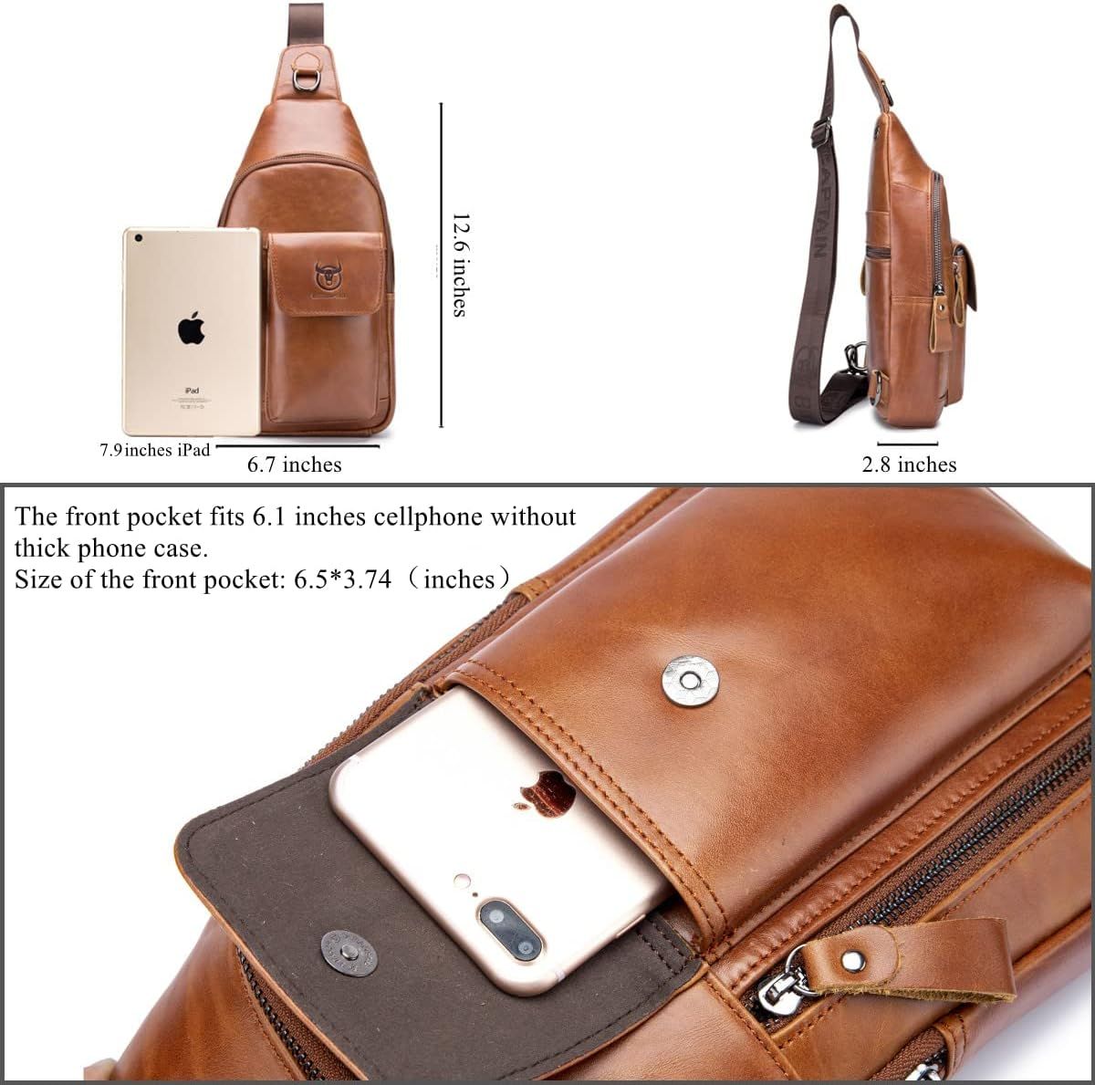Genuine Leather Sling Bag Multi-pocket Chest Crossbody Daypack Bag Brown