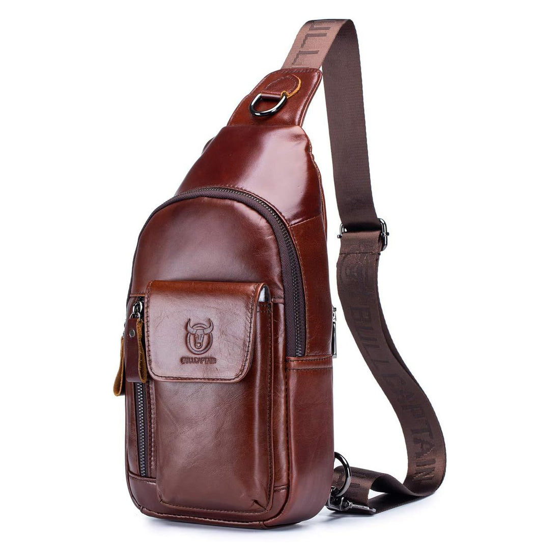Genuine Leather Sling Bag Multi-pocket Chest Crossbody Daypack Bag Coffee