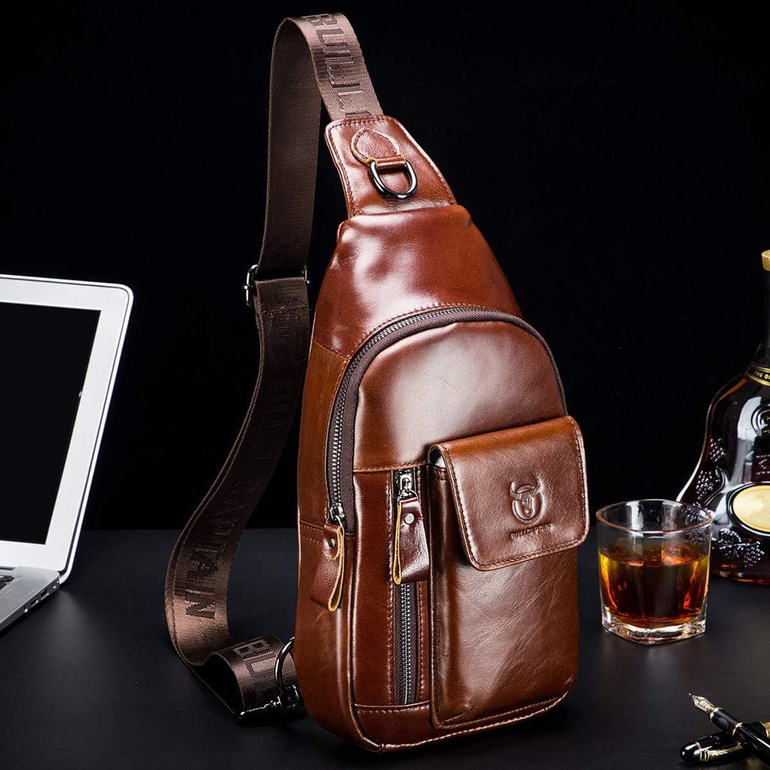Genuine Leather Sling Bag Multi-pocket Chest Crossbody Daypack Bag Coffee