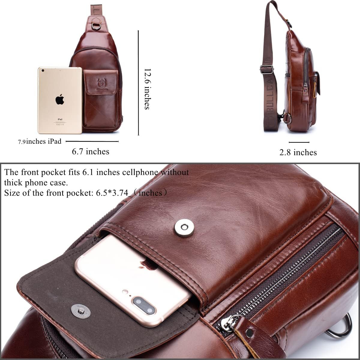 Genuine Leather Sling Bag Multi-pocket Chest Crossbody Daypack Bag Coffee