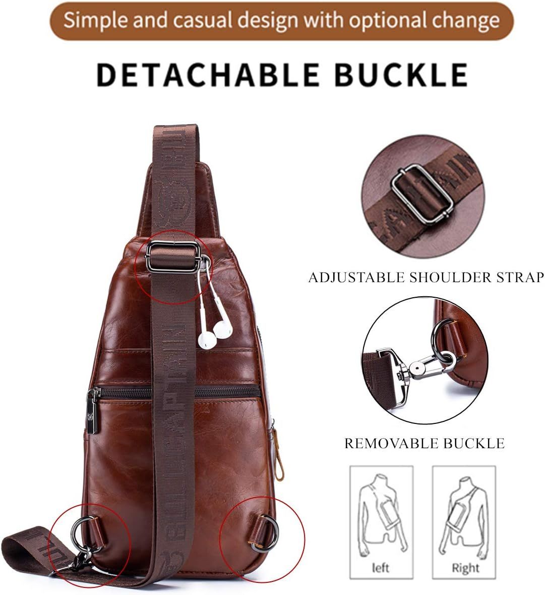 Genuine Leather Sling Bag Multi-pocket Chest Crossbody Daypack Bag Coffee