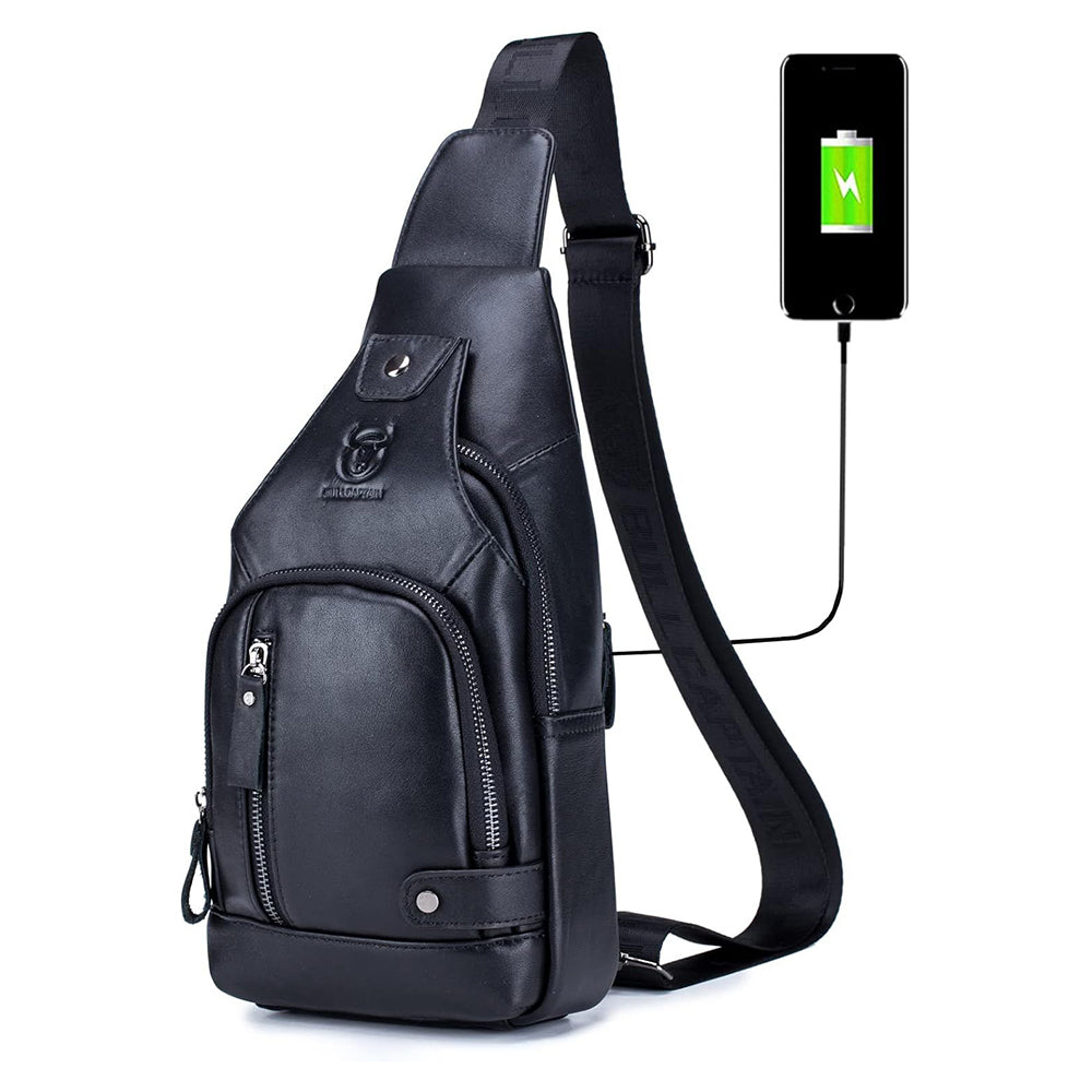 Genuine Leather Sling Bag with USB Charging Port Multi-pocket Bag Black