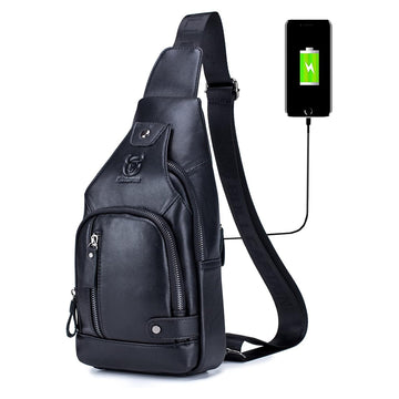 Genuine Leather Sling Bag with USB Charging Port Multi-pocket Bag Black