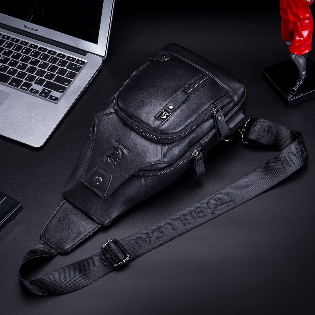 Genuine Leather Sling Bag with USB Charging Port Multi-pocket Bag Black