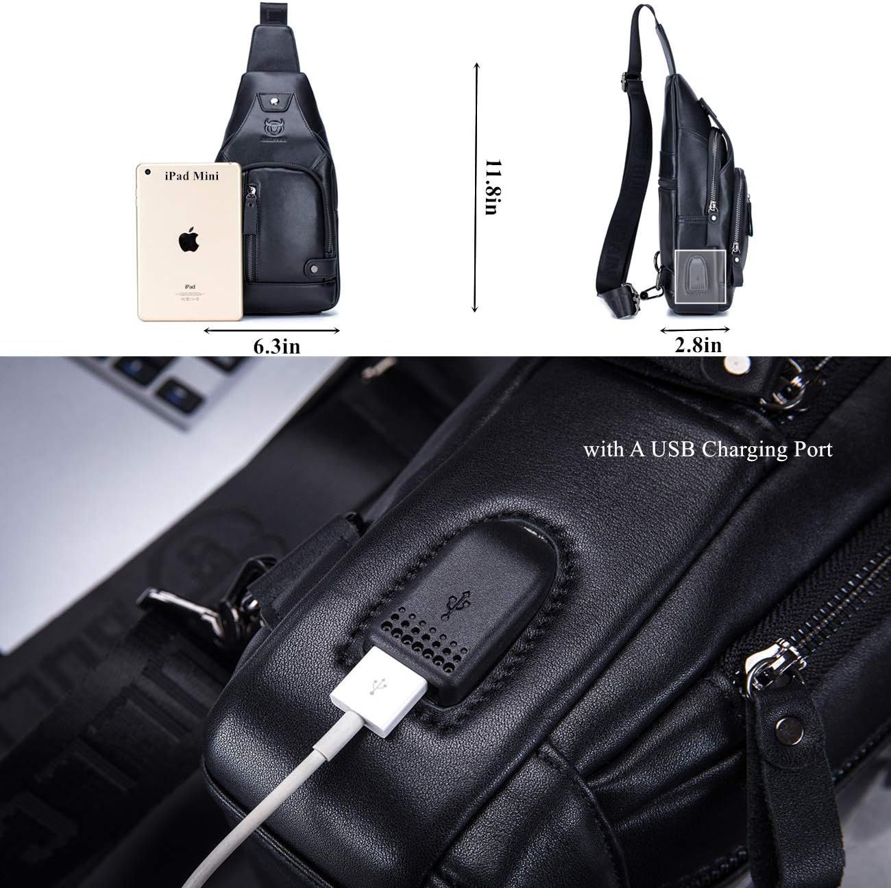 Genuine Leather Sling Bag with USB Charging Port Multi-pocket Bag Black