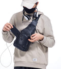 Genuine Leather Sling Bag with USB Charging Port Multi-pocket Bag Black