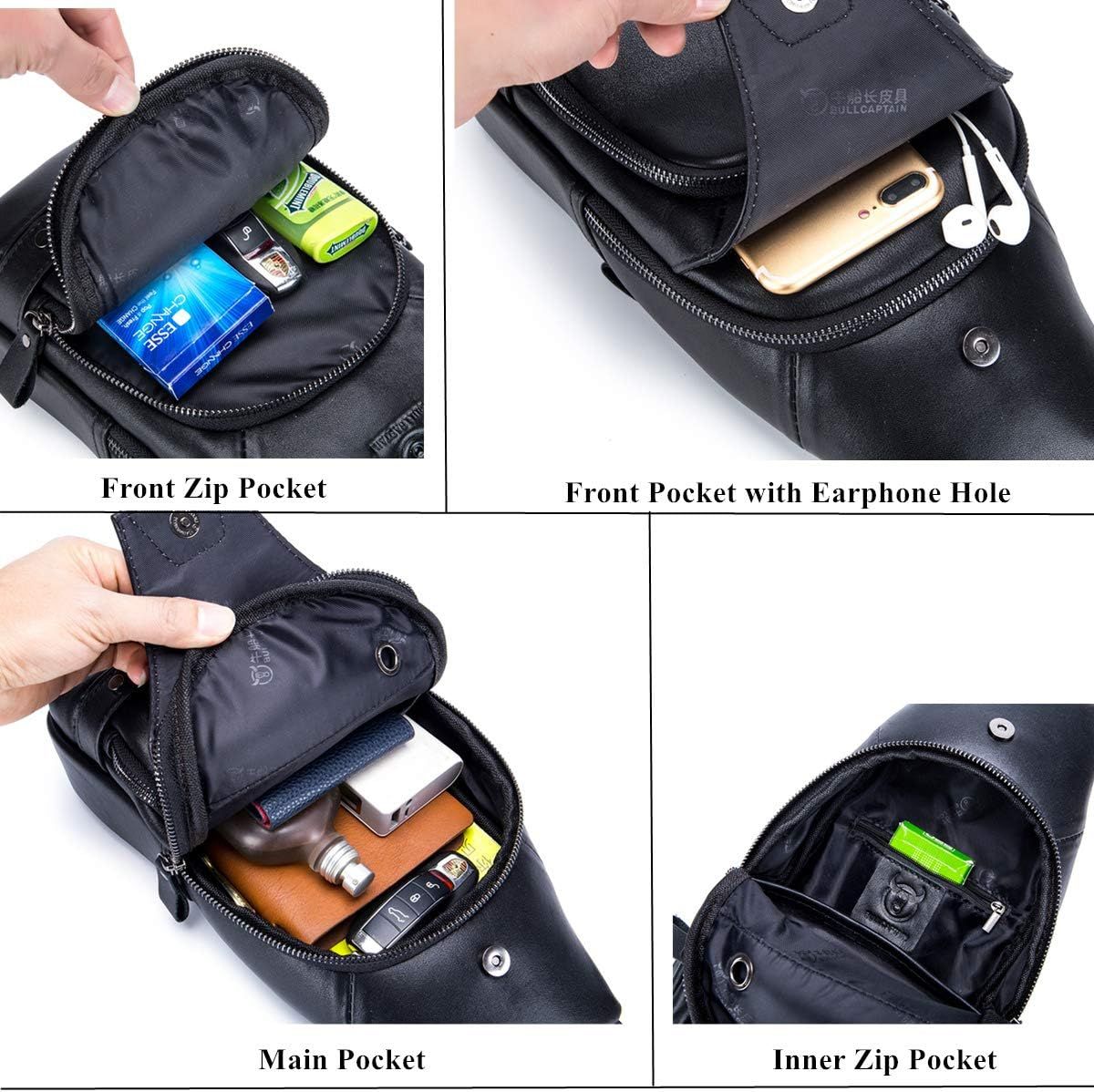 Genuine Leather Sling Bag with USB Charging Port Multi-pocket Bag Black