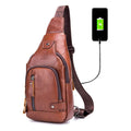 Genuine Leather Sling Bag with USB Charging Port Multi-pocket Bag Brown