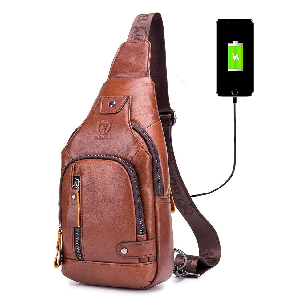 Genuine Leather Sling Bag with USB Charging Port Multi-pocket Bag Brown