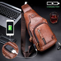Genuine Leather Sling Bag with USB Charging Port Multi-pocket Bag Brown
