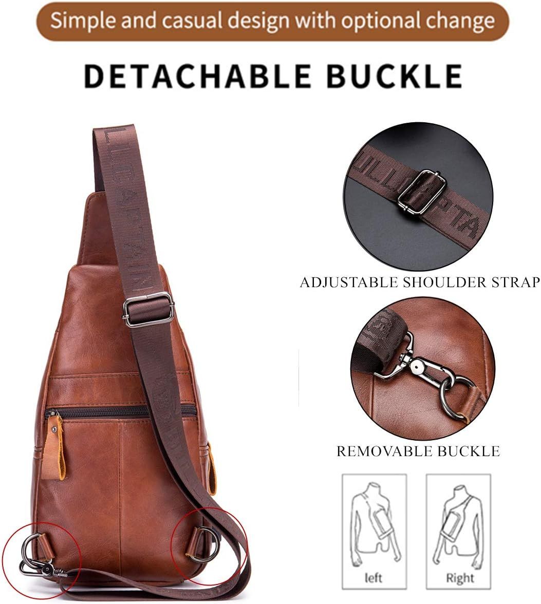 Genuine Leather Sling Bag with USB Charging Port Multi-pocket Bag Brown