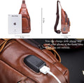 Genuine Leather Sling Bag with USB Charging Port Multi-pocket Bag Brown
