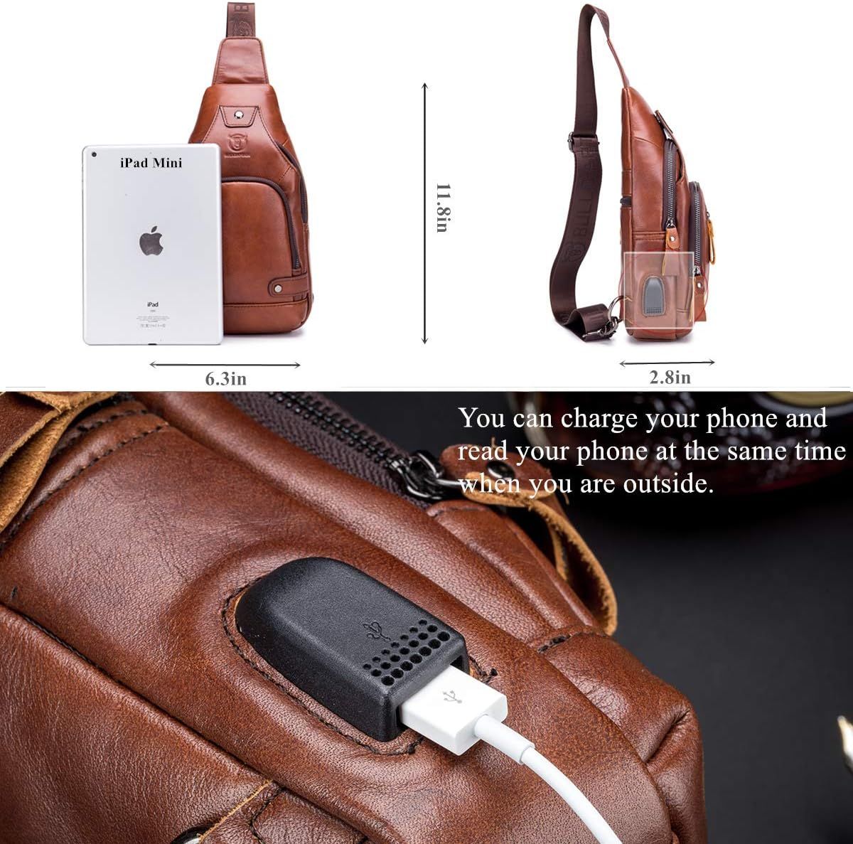 Genuine Leather Sling Bag with USB Charging Port Multi-pocket Bag Brown