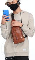 Genuine Leather Sling Bag with USB Charging Port Multi-pocket Bag Brown