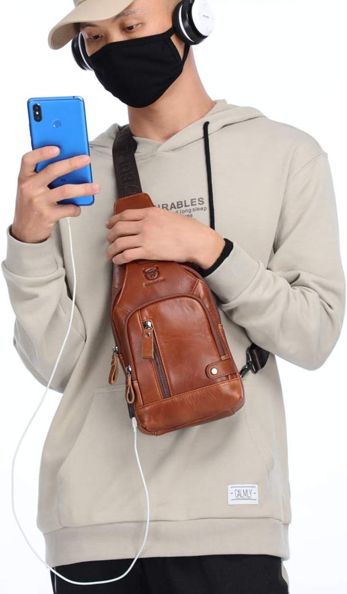 Genuine Leather Sling Bag with USB Charging Port Multi-pocket Bag Brown
