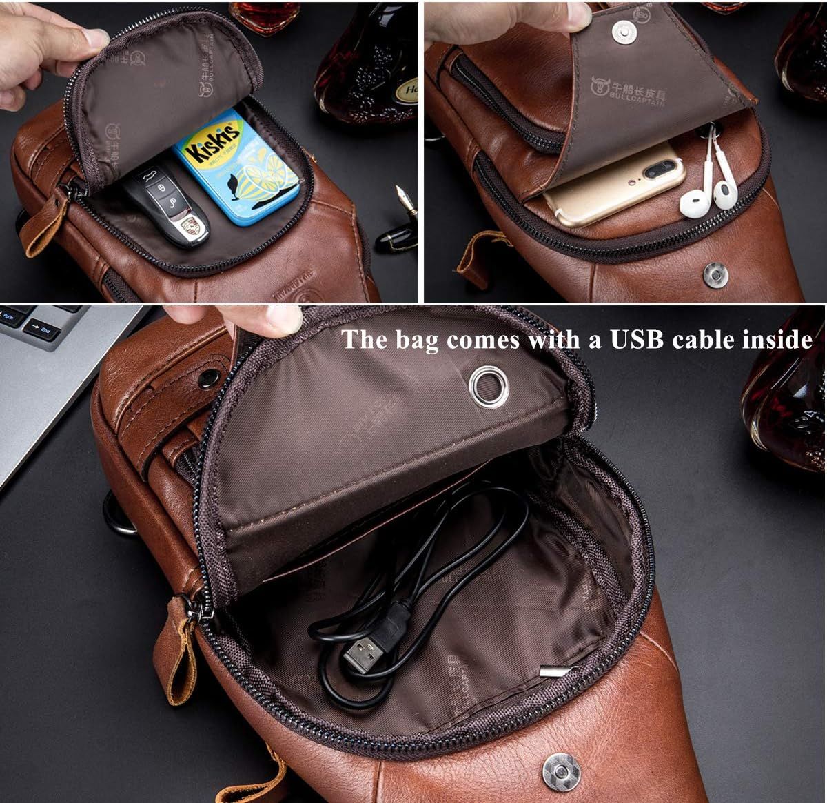 Genuine Leather Sling Bag with USB Charging Port Multi-pocket Bag Brown