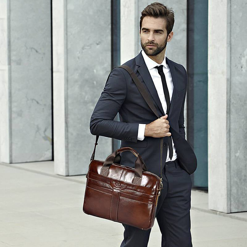 Leather Briefcase 15.6 Inch Laptop Retro Office College Computer Shoulder Bag Brown