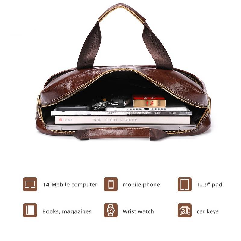 Leather Briefcase 15.6 Inch Laptop Retro Office College Computer Shoulder Bag Brown