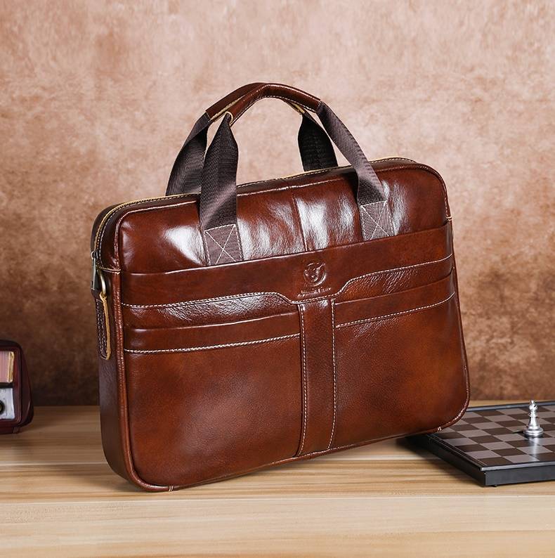 Leather Briefcase 15.6 Inch Laptop Retro Office College Computer Shoulder Bag Brown