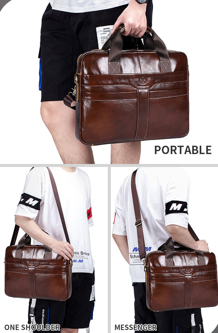 Leather Briefcase 15.6 Inch Laptop Retro Office College Computer Shoulder Bag Brown